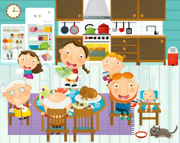 Cartoon scène met familie in de keuken eten en koken samen met plezier met het-illustratie voor kinderen — Stockfoto