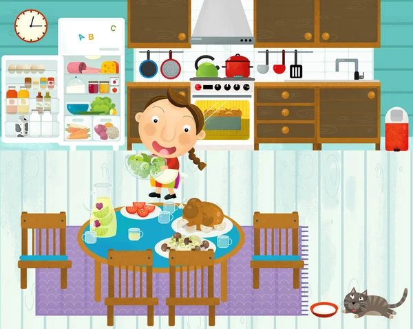 Scena del cartone animato con qualcuno in cucina mangiare e cucinare divertendosi con esso - illustrazione per bambini — Foto Stock