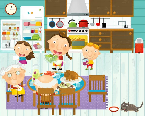 Cena dos desenhos animados com a família na cozinha comendo e cozinhando juntos se divertindo com ele ilustração para crianças — Fotografia de Stock