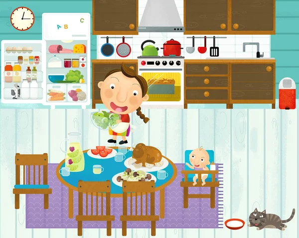 Scène de dessin animé avec quelqu'un dans la cuisine manger et cuisiner en s'amusant avec elle - illustration pour les enfants — Photo