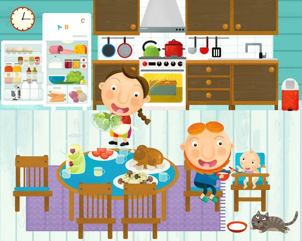 Cena dos desenhos animados com a família na cozinha comendo e cozinhando juntos se divertindo com ele ilustração para crianças — Fotografia de Stock