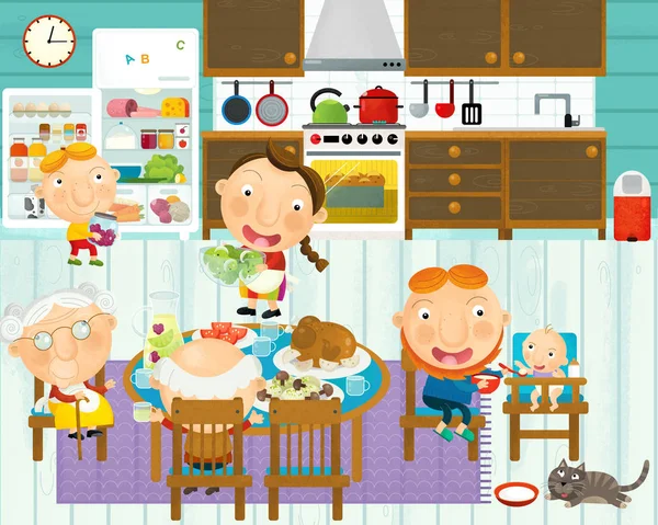 Escena de dibujos animados con la familia en la cocina comer y cocinar juntos divertirse con él - ilustración para los niños — Foto de Stock