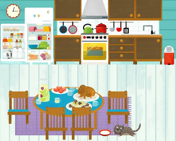 Escena de dibujos animados con colorida cocina familiar - ilustración para niños —  Fotos de Stock