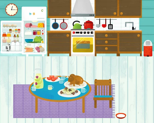 卡通场景与丰富多彩的家庭厨房 - 儿童插图 — 图库照片