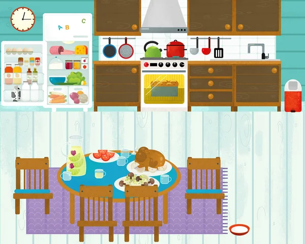 Cartoon scene with colorful family kitchen - illustration for children — Stock Photo, Image