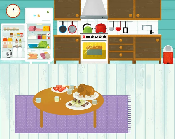 Мультяшная сцена с красочной семейной кухней - иллюстрация для детей — стоковое фото