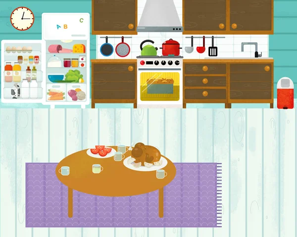 Cena dos desenhos animados com cozinha familiar colorida - ilustração para crianças — Fotografia de Stock