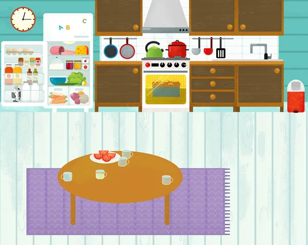 Cartoon scene with colorful family kitchen - illustration for children — Stock Photo, Image