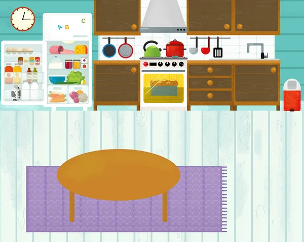 Cartoon scene with colorful family kitchen - illustration for children — Stock Photo, Image