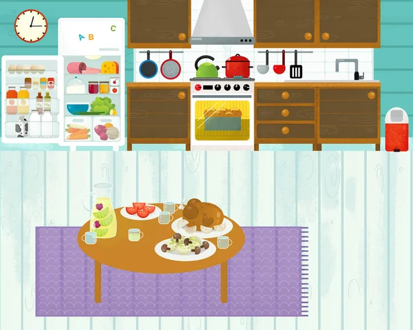 Cartoon scene with colorful family kitchen - illustration for children — Stock Photo, Image