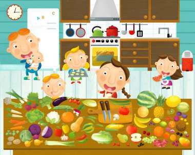 mutfakta yemek ve onunla eğlenmek birlikte yemek aile ile karikatür sahnesi - çocuklar için illüstrasyon