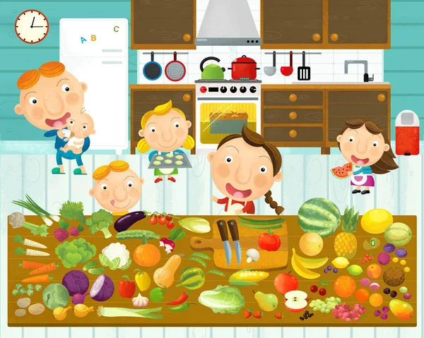 Scène de dessin animé avec la famille dans la cuisine manger et cuisiner ensemble s'amuser avec elle - illustration pour les enfants — Photo