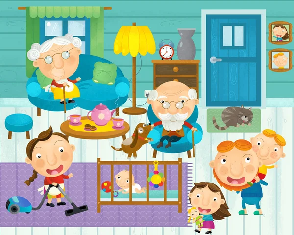 Cartoon Scene Happy Family Living Room Illustration Children — Stock Photo, Image