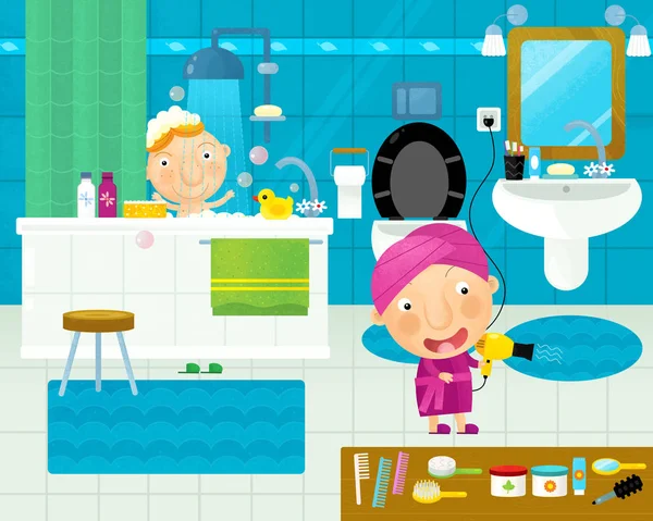 卡通场景与五颜六色的浴室与孩子和母亲 插图为儿童 — 图库照片
