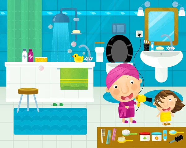 卡通场景与五颜六色的浴室与妇女 插图为儿童 — 图库照片