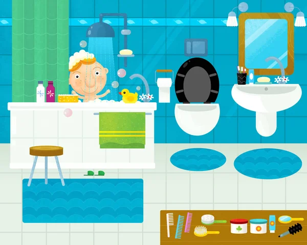 Cena Dos Desenhos Animados Com Banheiro Colorido Com Criança Ilustração — Fotografia de Stock