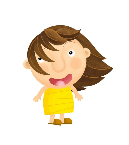 Tecknad liten flicka är i handduken efter bad illustration för barn — Stockfoto