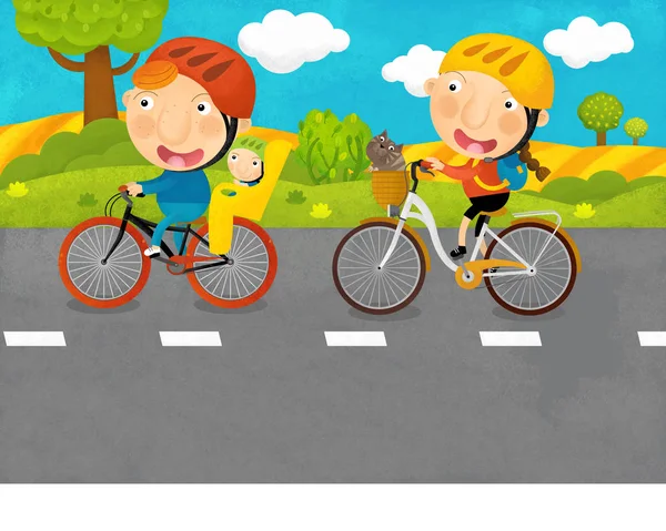 Мультфильм сцены с родителями едут на велосипедах на дороге иллюстрации для детей — стоковое фото
