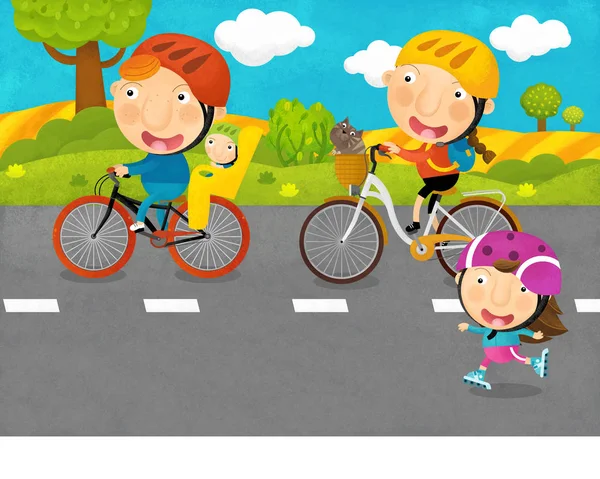 Мультфильм сцена с детским катанием и родители едут на велосипедах по дороге иллюстрации для детей — стоковое фото
