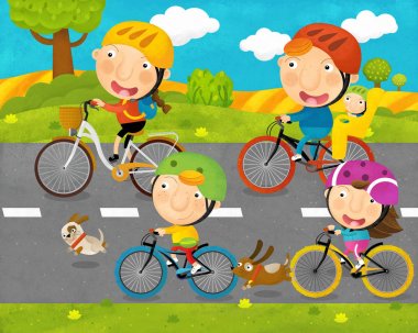 çocuklar ve ebeveynler ile karikatür sahne çocuklar için yol Illustration bir bisikletler üzerinde sürme