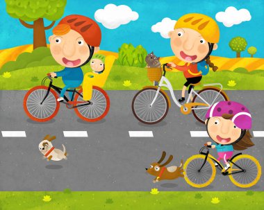 Çocuk ve ebeveynler ile karikatür sahne çocuklar için yol Illustration bir bisikletler üzerinde sürme