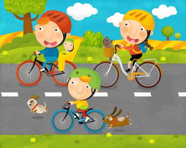 Çocuk ve ebeveynler ile karikatür sahne çocuklar için yol Illustration bir bisikletler üzerinde sürme