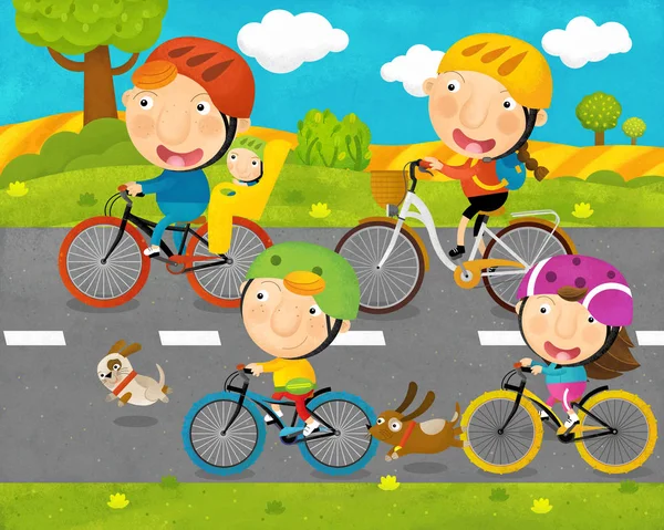 Мультфильм сцены с детьми и родителями едут на велосипедах на дороге иллюстрации для детей — стоковое фото