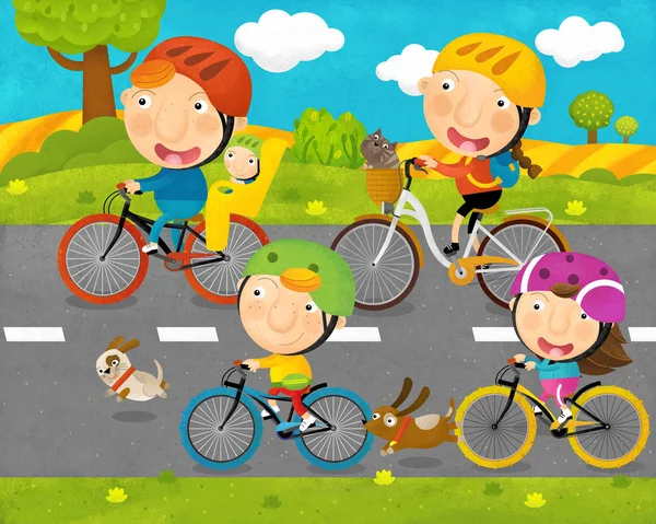 Мультфильм сцены с детьми и родителями едут на велосипедах на дороге иллюстрации для детей — стоковое фото
