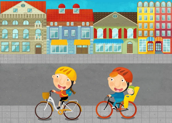 cartoon scene with young people on the road in the city illustration for children