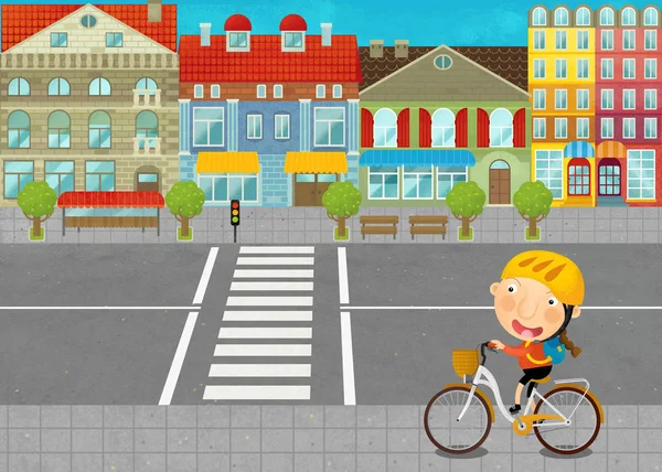 Мультфильм сцена с молодой девушкой на дороге в городе иллюстрация для детей — стоковое фото
