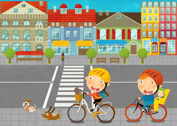 cartoon scene with young people on the road in the city illustration for children