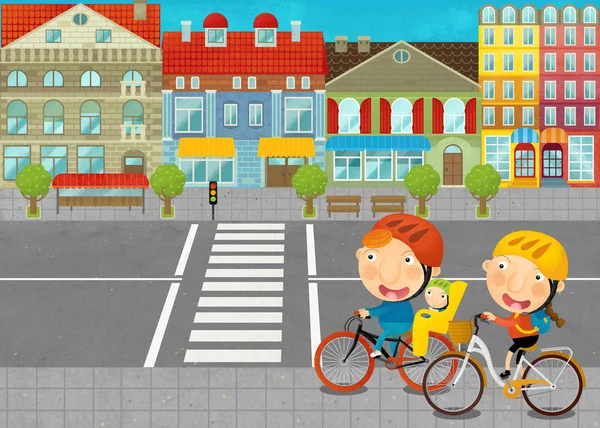 cartoon scene with young people on the road in the city illustration for children