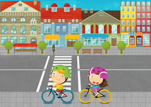 Escena de dibujos animados con los jóvenes en la carretera en la ciudad ilustración para los niños — Foto de Stock