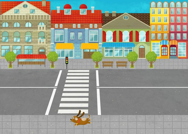 Zeichentrickszene mit kleinem Jungen auf der Straße in der Stadt Illustration für Kinder — Stockfoto