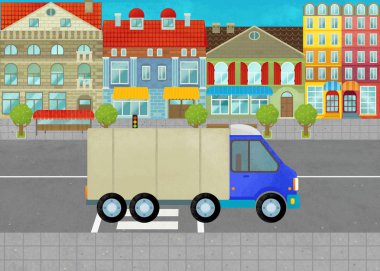 çocuklar için sokak illüstrasyon şehirde her gün van araba ile karikatür sahnesi