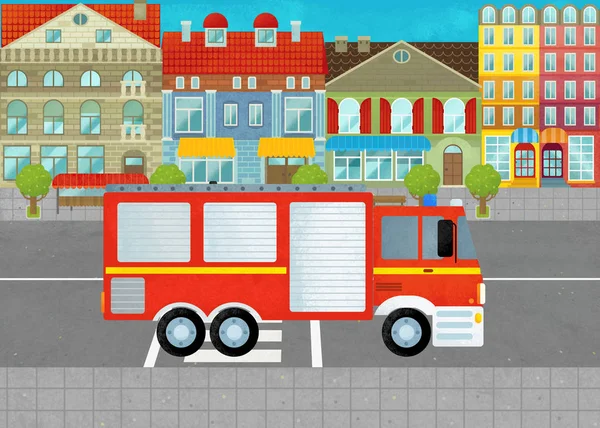 子供のためのストリートイラストで市内の消防車消防士トラックと漫画のシーン — ストック写真