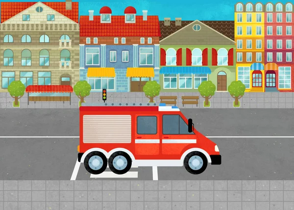 Мультфильм сцены с пожарной бригадой автомобиля пожарный грузовик в городе на улице иллюстрации для детей — стоковое фото