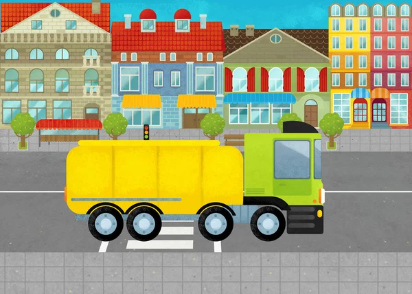 Мультяшная сцена с цистерной промышленной машиной в городе на улице иллюстрации для детей — стоковое фото