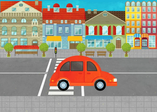 Мультфильм сцены с каждым днем автомобиль в городе на улице иллюстрации для детей — стоковое фото
