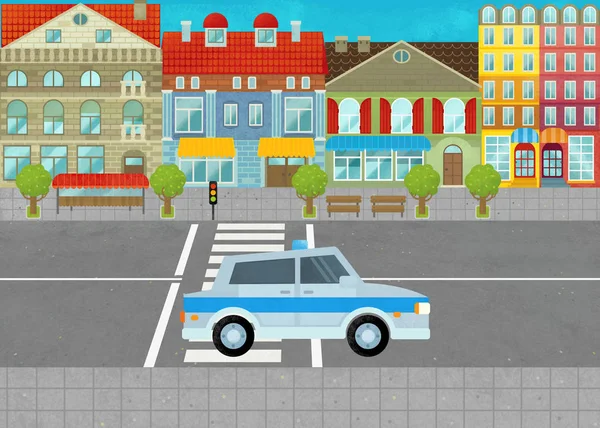 Мультфильм сцены с полицейской машиной в городе на улице иллюстрации для детей — стоковое фото