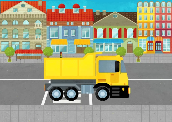 Cena dos desenhos animados com dumper carro industrial na cidade na rua ilustração para crianças — Fotografia de Stock