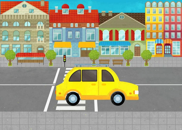 Мультфильм сцены с каждым днем автомобиль в городе на улице иллюстрации для детей — стоковое фото