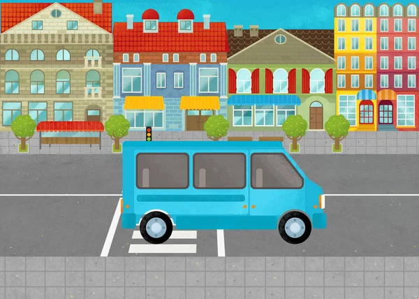 Çocuklar için sokak illüstrasyon şehirde her gün van araba ile karikatür sahnesi — Stok fotoğraf