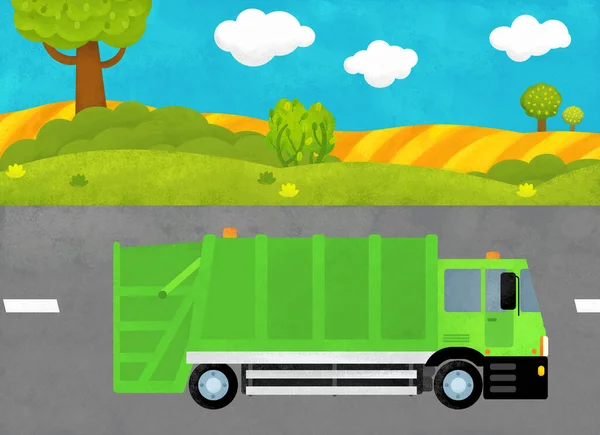 cartoon scene with dumper truck trash car in the country on the street illustration for children