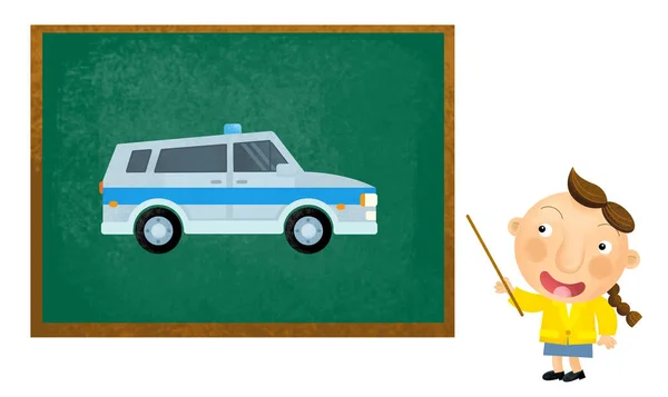 cartoon scene with girl child showing police car and teaching on