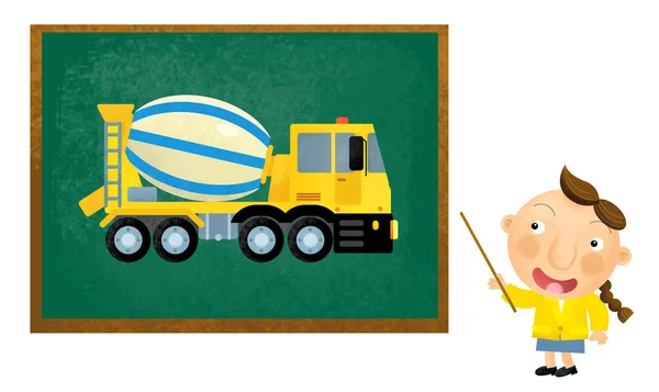 Escena de dibujos animados con niña niño mostrando coche cisterna camión y té —  Fotos de Stock