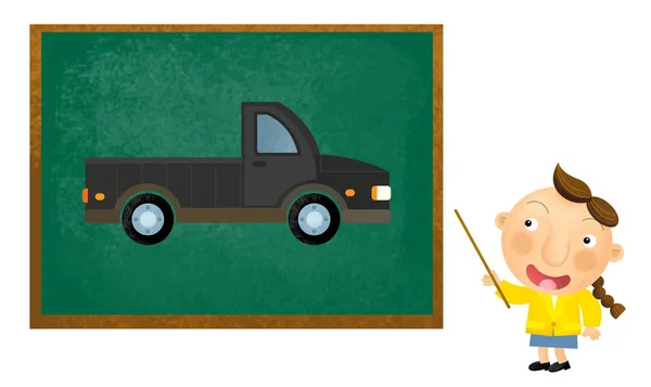 Escena de dibujos animados con niña mostrando todos los días coche y enseñanza —  Fotos de Stock