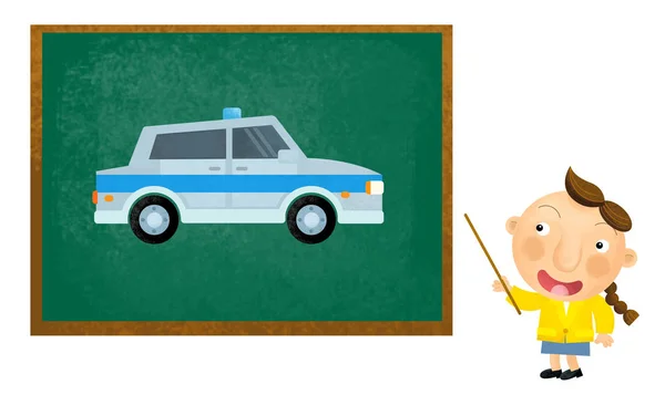 Καρτούν σκηνή με κορίτσι παιδί που δείχνει το αυτοκίνητο της αστυνομίας και διδασκαλία για — Φωτογραφία Αρχείου