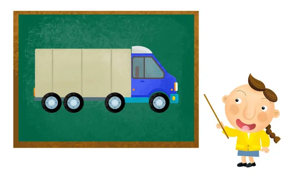 Καρτούν σκηνή με το κορίτσι παιδί που δείχνει κάθε μέρα αυτοκίνητο και διδασκαλία — Φωτογραφία Αρχείου