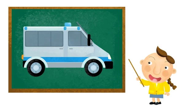 Мультфильм сцена с девочкой ребенок показывает полицейскую машину и преподавание на — стоковое фото